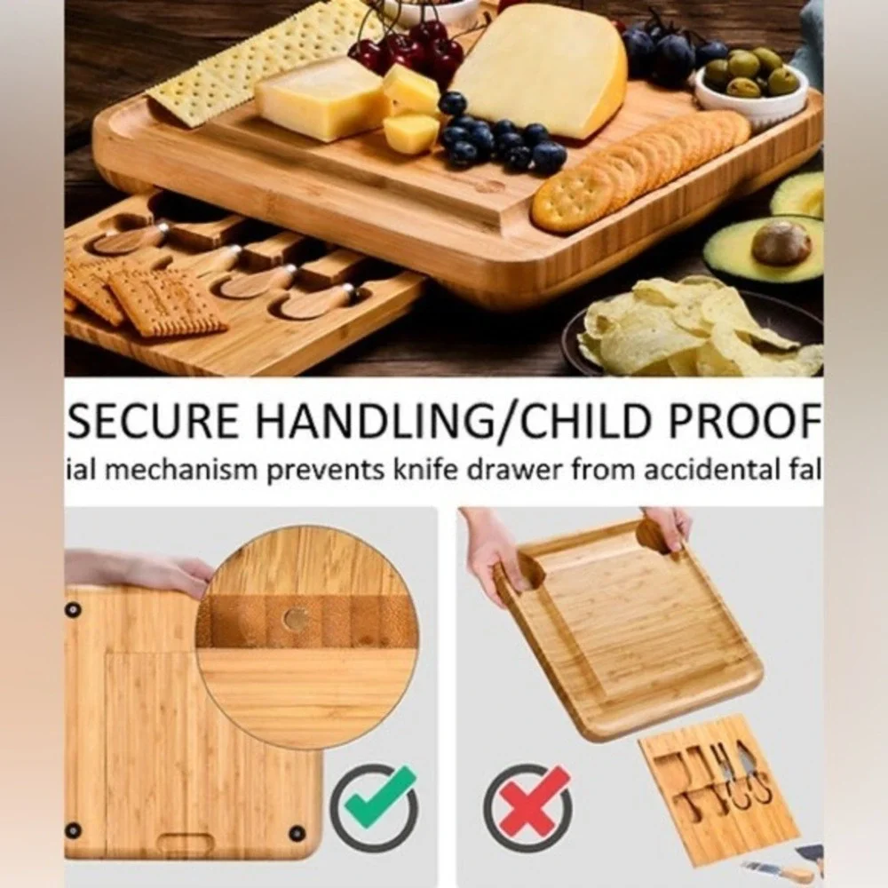 Kunaboo Natural Bamboo Cheese Board Set with Cutlery Drawer and Ceramic Bowls